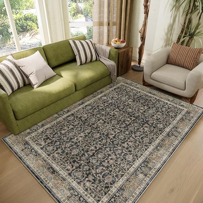 Washable 4x6 Rugs for Living Room, Boho Non-Slip Vintage Distress Small Rugs for Bedroom Nursery Office, 0.3" Neutral Oriental Throw Thin Carpet with Cushioning Pad,Black/Blue/Multi,A1