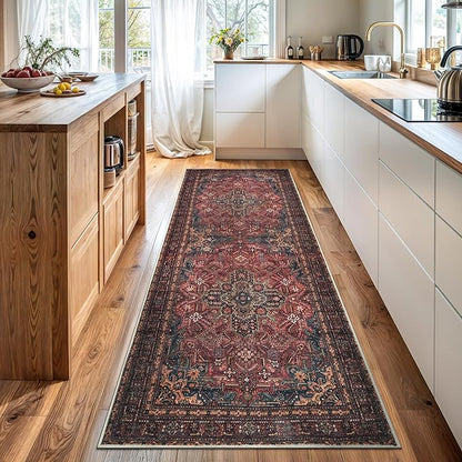 Bloom Rugs Washable Non-Slip 12 ft Runner - Red/Teal Blue/Yellow Traditional Medallion Runner for Entryway, Hallway, Bathroom, and Kitchen - Exact Size: 2.5' x 12'