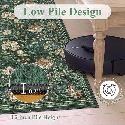 DUKINO 2x6 Rug for Hallway, Vintage Floral Non Slip Kitchen Runner Rug with Washable & Lightweight, Soft Low Pile Indoor Floor Stain Resistant Carpet for Entryway, Bedroom, Bathroom, Laundry, Green