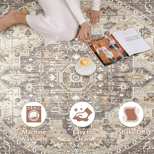 Round Rug Living Room Rugs: 6Ft Washable Boho Neutral Large Circle Soft Indoor Floral Stain Resistant Floor Farmhouse Carpet for Bedroom Nursery Kids Playroom Office Dining Room Dorm Home- Beige Brown