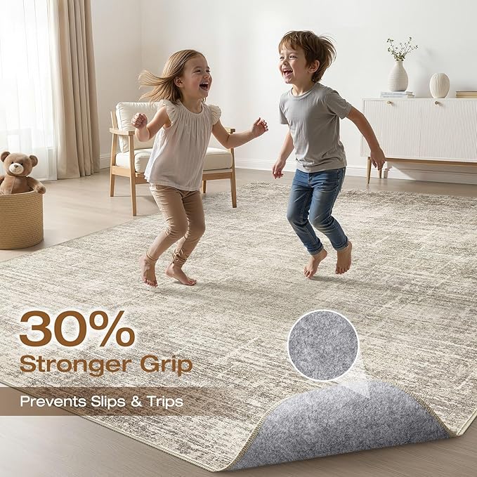 3X5 Rug Washable Area Rugs: Neutral Brown Throw Rug Abstract Soft Modern Stain Resistant Indoor Floor Non-Slip Carpet for Entryway Closet Front Door Kitchen Bedroom Bedside Dorm