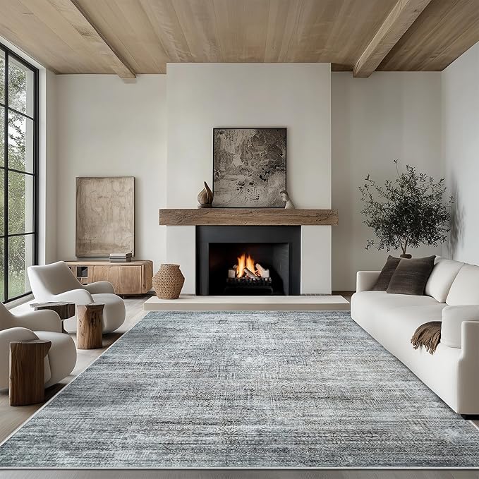9x12 Area Rug Living Room Rugs - Washable Rug Large Modern Abstract Soft Thin Carpets Indoor Floor No Slip Vintage Carpet for Bedroom Under Dining Table Nursery Home Office Decor Gray Blue