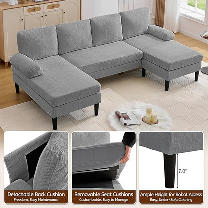 Korser 101" U-Shape Sectional Couch for Living Room, 4 Seat Sofa with Removable Pillows, Modern Chenille Fabric Sets with Double Chaise Lounges for Apartment&Small Space, Pewter