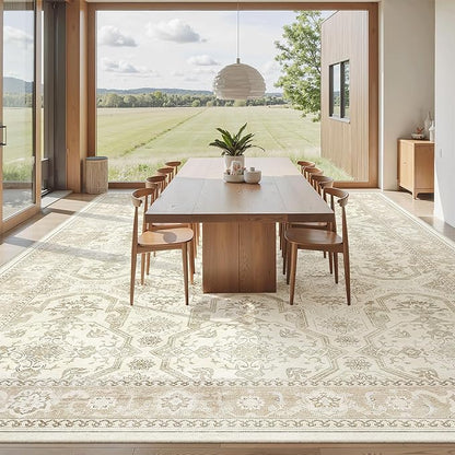 Soalmost 10x14 Area Rugs for Living Room, Non Slip Machine Washable Vintage Rugs, Low Pile Lightweight Large Rug for Bedroom, Dining Room, Home Office Beige/Brown