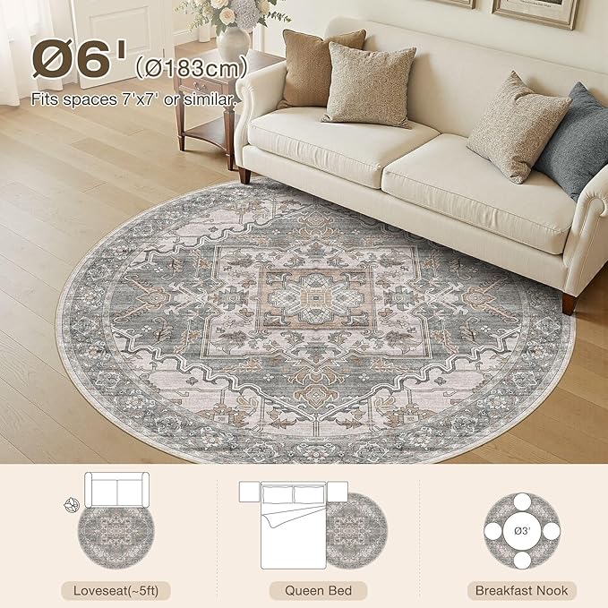 6ft Round Rug for Living Room: 6x6 Washable Vintage Gray Brown Area Rug, Large Non Slip Soft Stain Resistant Indoor Floor Carpet for Bedroom Dining Decor Home Office Kid & Pet Friendly