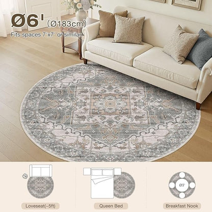 6ft Round Rug for Living Room: 6x6 Washable Vintage Gray Brown Area Rug, Large Non Slip Soft Stain Resistant Indoor Floor Carpet for Bedroom Dining Decor Home Office Kid & Pet Friendly