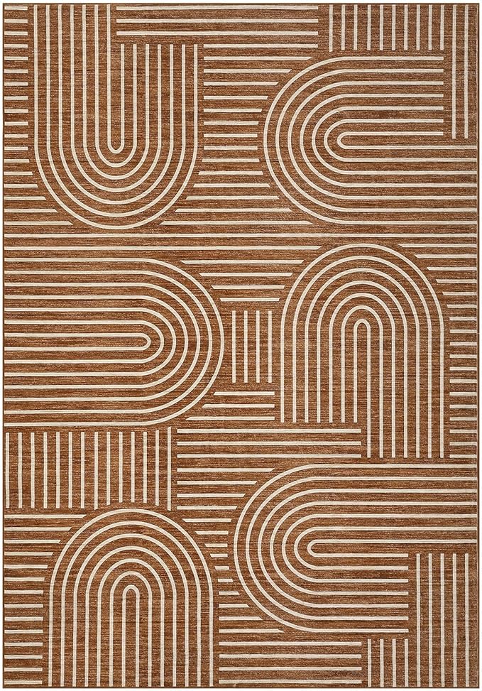 ROYHOME Washable Rug 3x5 Area Rugs for Living Room, Abstract Rug for Bedroom, Soft Rainbow Non Slip Throw Rugs with Rubber Back, Low Pile Stain Resistant Boho Geometric Carpet for Dining Room, Copper