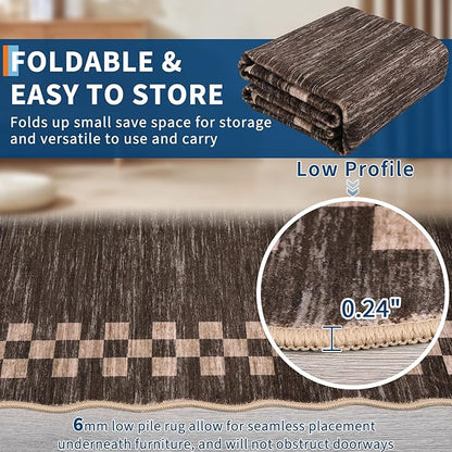 Washable Runner Rug 2x10 Modern Bordered Hallway Runner Rug Non Slip Kitchen Throw Carpet Checkered Bathroom Entryway Runner Rugs Low Pile Solid Area Rugs for Living Room Bedroom Nursery Sink, Brown