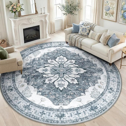 RELEANY Area Rugs Round 8ft Washable Non-Slip, Floral Vintage Distress Print Pattern Medallion Carpet for Living Room Bedroom Dining Room, Light Gray Grey White