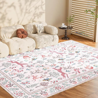 DUKINO 5x7 Rug, Washable Animal Living Room Rug with Non Slip Vintage Design, Soft Low Pile Large Carpet for Bedroom, Nursery, Dining Room, Farmhouse, Playroom, Pink
