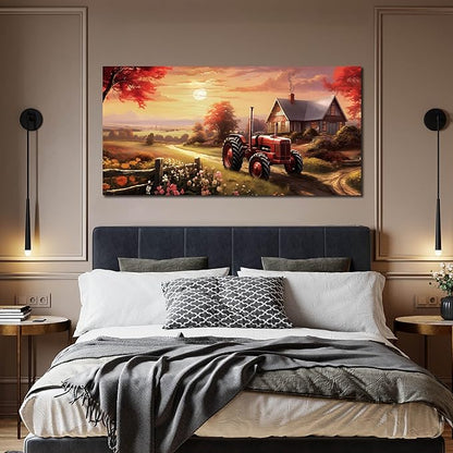 ANCXWOTER Canvas Wall Art Sunset Landscape Canvas Prints Vintage Red Tractor for Living Room Bedroom Office Home Decor Country Farmhouse Artwork 29x59 Inch