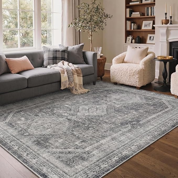 GENIMO 6x9 Area Rugs for Living Room, Machine Washable Non Slip Rugs, Low Pile Lightweight Print Rug for Bedroom, Dining Room, Home Office, Vintage Grey
