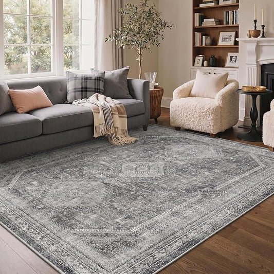 GENIMO 6x9 Area Rugs for Living Room, Machine Washable Non Slip Rugs, Low Pile Lightweight Print Rug for Bedroom, Dining Room, Home Office, Vintage Grey