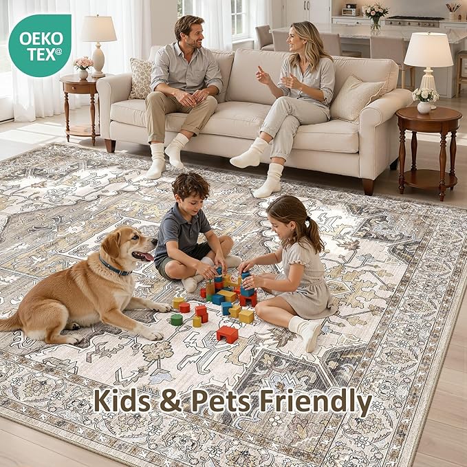 10x13 Washable Area Rugs for Living Room: Non Slip Vintage Brown Rug, Large Soft Stain Resistant Indoor Floor Carpets for Bedroom Dining Room Nursery Home Office Kid & Pet Friendly
