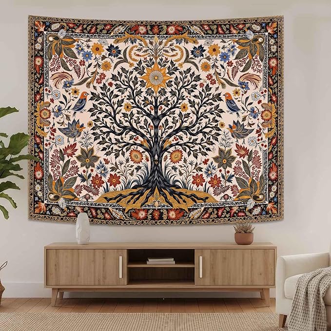 Lunerfex Folk Art Wall Tapestry - Tree of Life with Sun and Bird Wall Hanging for Bedroom and Living Room - Boho Floral Tapestries 90"x70"