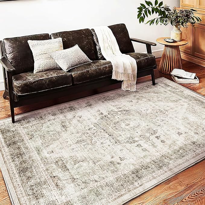 CHAMPLANT Washable Area Rug 4'x6' Floral Khaki Traditional Floor Cover Foldable Thin Rugs Retro Kitchen Indoor Distressed Non Slip Carpet Floral Print Mat Bedroom Living Room