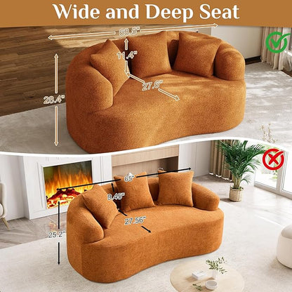 68.5" Loveseat Sofa for Living Room, Modern Luxury Plush Chenille Extra Deep Seat Curved Cloud Floor Couch with 3 Throw Pillows for Small Spaces, No Assembly Needed, Orange