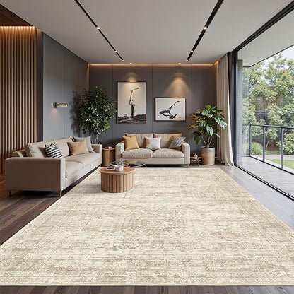 Soalmost Area Rug 10x12 Vintage Washable Living Room Large Carpet Non Slip Bedroom Indoor Office Dining Room Low Pile Thin Rug Beige