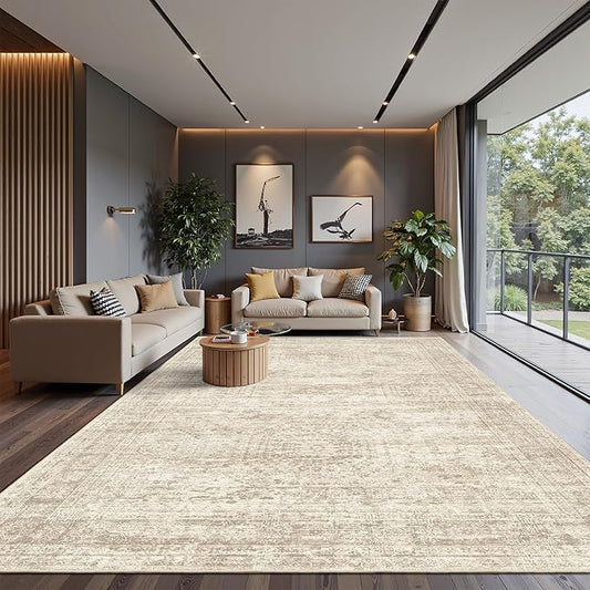 Soalmost Area Rug 10x12 Vintage Washable Living Room Large Carpet Non Slip Bedroom Indoor Office Dining Room Low Pile Thin Rug Beige