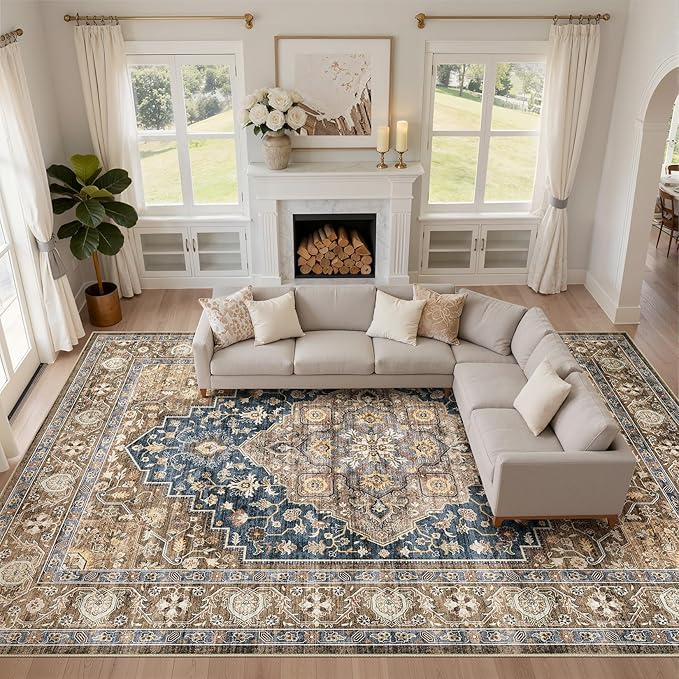 10x13 Area Rug Living Room: Washable Boho Large Neutral Vintage Soft Rugs Stain Resistant Farmhouse Non-Slip Indoor Floor Carpet for Bedroom Nursery Kids Office Dining Room Playroom- Yellow Blue