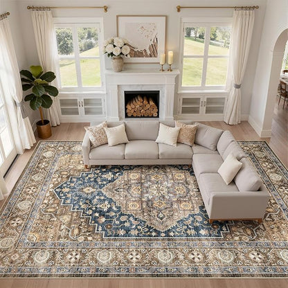 10x13 Area Rug Living Room: Washable Boho Large Neutral Vintage Soft Rugs Stain Resistant Farmhouse Non-Slip Indoor Floor Carpet for Bedroom Nursery Kids Office Dining Room Playroom- Yellow Blue