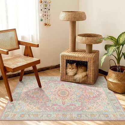 2x3 Washable Small Front Door Pink Orange with Vintage Orient Design, Soft Rug for Entryway or Kitchen, Non-Slip Low Pile Stain Resistance Features, Distressed Medallion Pattern