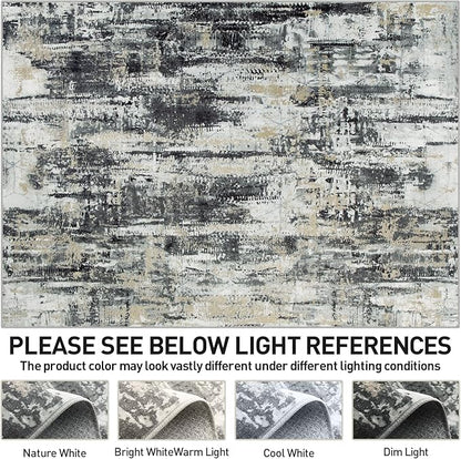 8x10 Area Rugs Washable Rug: Large Modern Abstract Living Room Rug Soft Anti-Skid Thin Carpet Indoor Floor Non-Shedding Carpets for Bedroom Dining Farmhouse Nursery Home Office Black Grey Gold