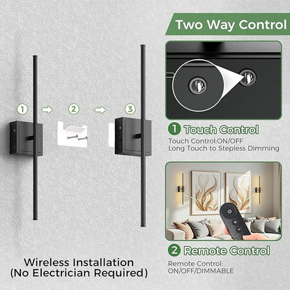 DORESshop Battery Operated Wall Sconces Set of 2, Dimmable Battery Wall Sconce with Remote Control, Black 350°Rotate Rechargeable Sconces, 23.7 Inch Wireless Wall Lights for Bedroom, Living Room