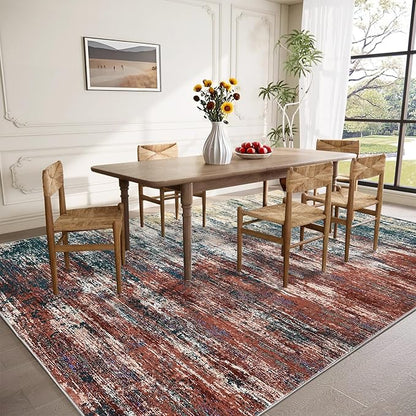 ROYHOME Washable Rug 9x12 Area Rug for Living Room, Non Slip Abstract Rug for Bedroom, Ultra Soft Area Rug, Low Pile Soft Contemporary Indoor Floor Carpet Cover, Red/Multi