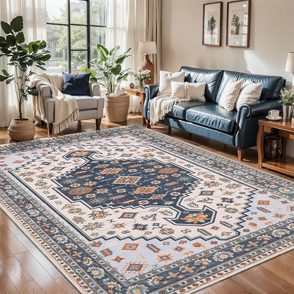 Tangsoo Vintage 4x6 Rug for Living Room,Machine Washable Indoor Area Rug Blue Beige Mat,Soft Low Pile Carpet for Front Porch Dining Room Patio Bedroom Office Decor