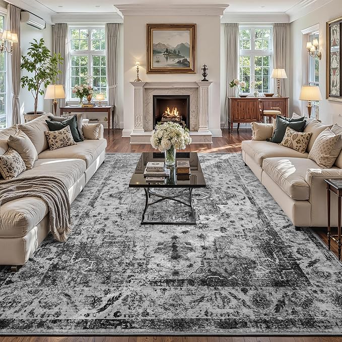 YOH Boho Washable Rug 6x9, Black Vintage Non Slip Area Rug, Distressed Indoor Carpet for Living Room Bedroom Kitchen Office