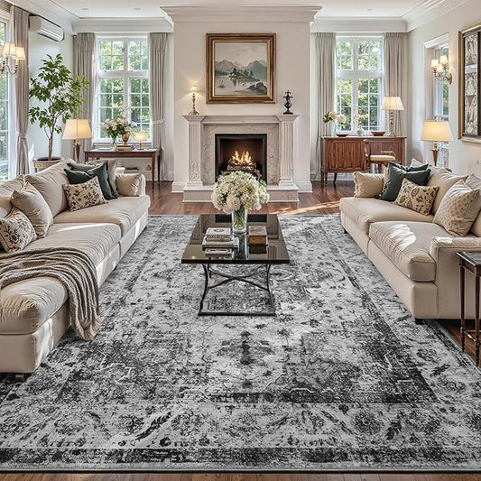 YOH Boho Washable Rug 6x9, Black Vintage Non Slip Area Rug, Distressed Indoor Carpet for Living Room Bedroom Kitchen Office
