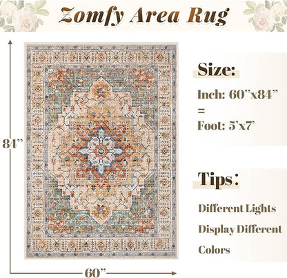Area Rug 5x7 Vintage Rug: Washable Indoor Medallion Rugs Low Pile Distressed Floor Carpet Retro Accent Rug for Living Room Bedroom Kitchen Dining Table Home Office(Green/Yellow, 5'x7')