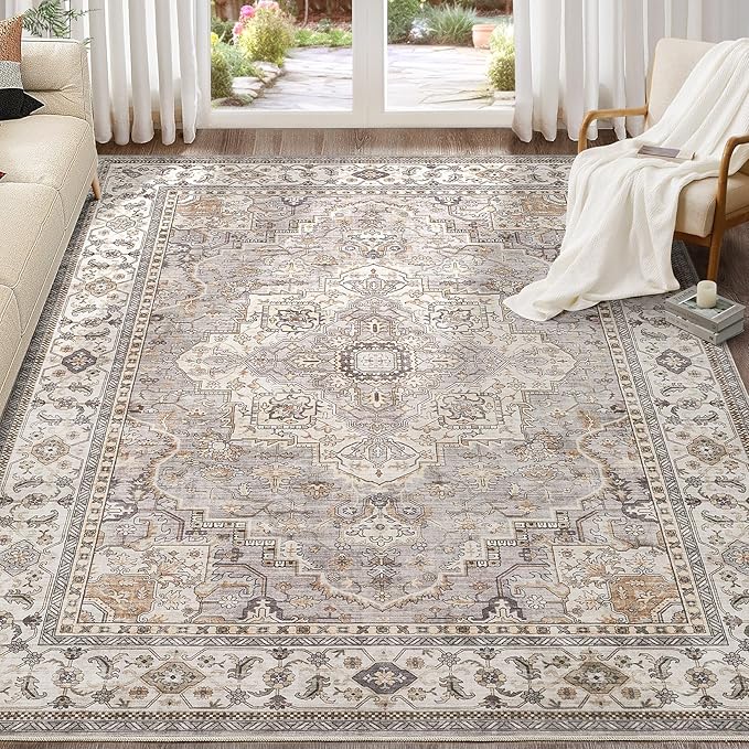 EIEIHOUSE Washable Area Rugs for Living Room - 7x9 Neutral Vintage Distressed Floral Farmhouse Boho Large Soft Floor Rug Indoor Non Slip Carpet for Living Room Bedroom Dining Room Office - Grey Brown