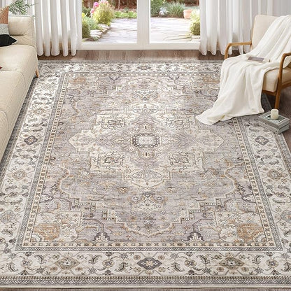 EIEIHOUSE Washable Area Rugs for Living Room - 7x9 Neutral Vintage Distressed Floral Farmhouse Boho Large Soft Floor Rug Indoor Non Slip Carpet for Living Room Bedroom Dining Room Office - Grey Brown