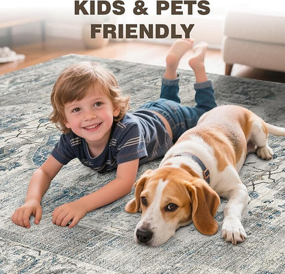 9x12 Area Rugs for Living Room, Machine Washable Non Slip Vintage Rug, Non-Slip Stain Resistant, Large Soft Home Decor Rug for Bedroom Dining Room (Blue/Grey,9'x12')