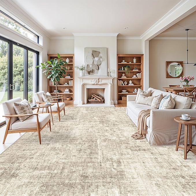 12x15 Area Rug for Living Room – Extra Large Modern Neutral Abstract Washable Carpet, Soft Low Pile Non-Slip Stain-Resistant Oversized Rug for Bedroom Dining Room Home Office (Warm Beige)
