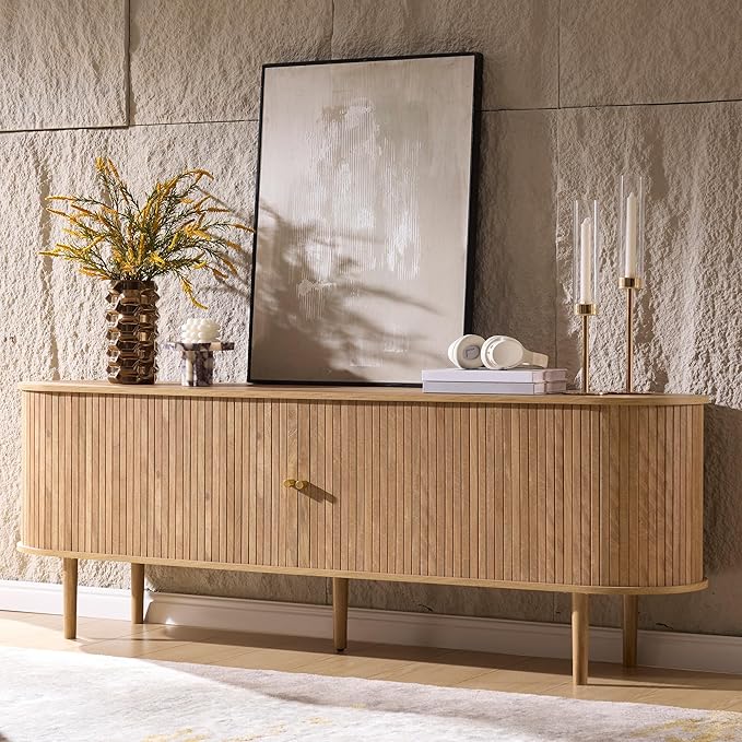 AMERLIFE 70" Mid-Century Modern TV Stand, TV Console Table for TVs up to 80 Inch, Fluted Wood Media Console with Storage, Solid Wood Legs, Natural Oak
