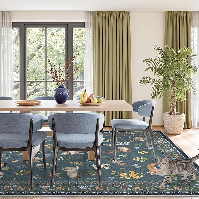 Soalmost Cat 8x10 Area Rugs for Living Room, Machine Washable Animal Floral Vintage Rug Non-Slip Low Pile Soft Throw Large Rugs for Classroom Bedroom Dining Room Nursery Playroom (8 x 10,Navy Blue)