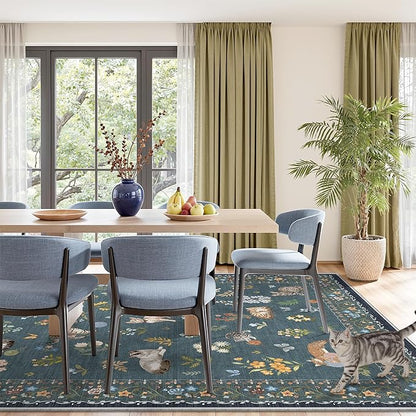 Soalmost Cat 8x10 Area Rugs for Living Room, Machine Washable Animal Floral Vintage Rug Non-Slip Low Pile Soft Throw Large Rugs for Classroom Bedroom Dining Room Nursery Playroom (8 x 10,Navy Blue)