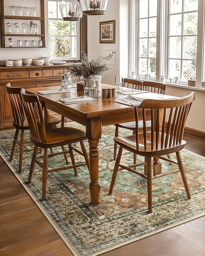 RELEANY Area Rugs 5'x8' Washable Non-Slip, Floral Vintage Distress Print Pattern Medallion Carpet for Living Room Bedroom Dining Room, Brick Red Rust Neutral Brown Burnt Orange Green