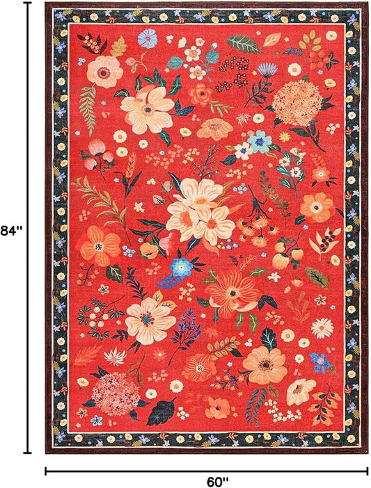 Macgace 5x7 Floral Rug for Girls Bedroom, Machine Washable Area Rugs with Non Slip Backingfor Living Room, Cute Flowers Carpet Kitchen Dining Room Kids Playroom Decor, Christmas Red