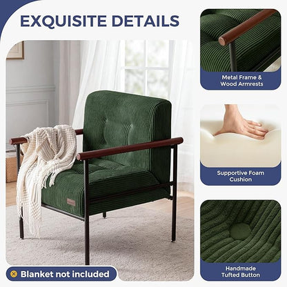 MAXYOYO Living Room Accent Chair, Modern Chair with Sturdy Metal Frame & Wood Armrests, Upholstered Reading Chair with Upholstered Cushion for Bedroom Balcony Porch, Dark Green