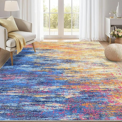 ROYHOME Modern Abstract Living Room Rug 10x13, Machine Washable Large Carpet, Non Slip Low Pile Throw Rug, Ultra Soft Indoor Floor Carpet for Bedroom Dining Room Table Home Decor, Blue/Orange