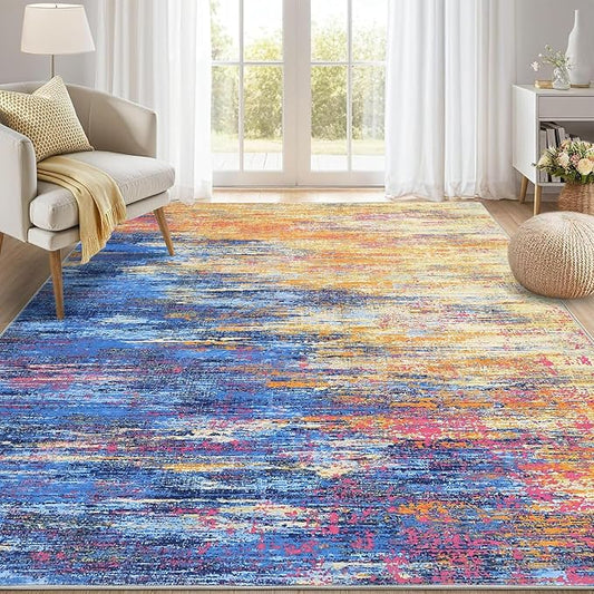 ROYHOME Modern Abstract Living Room Rug 10x13, Machine Washable Large Carpet, Non Slip Low Pile Throw Rug, Ultra Soft Indoor Floor Carpet for Bedroom Dining Room Table Home Decor, Blue/Orange