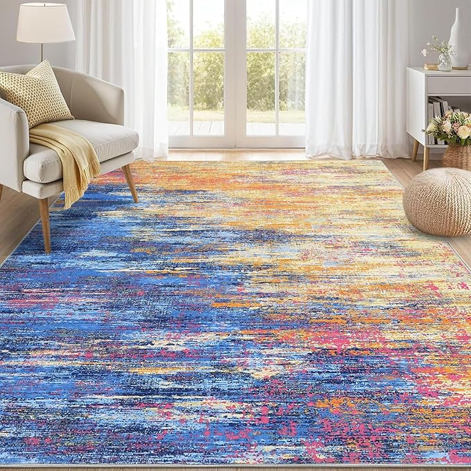 ROYHOME Modern Abstract Living Room Rug 8x10, Washable Area Rugs for Bedroom, Stain Resistant Non Slip Large Rug, Soft Indoor Carpet for Dining Room Table Home Decor, Blue/Orange