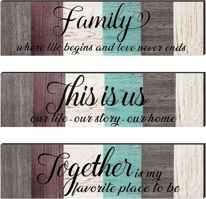 3 Pieces Family Wooden Sign This Is Us Sign Rustic Wooden Family Home Decor Together Hanging Wall Decorations for Living Room Kitchen Bedroom Laundry Bathroom Warming(Dark Brown, Red, Beige, Blue)