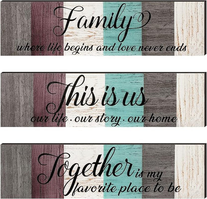 3 Pieces Family Wooden Sign This Is Us Sign Rustic Wooden Family Home Decor Together Hanging Wall Decorations for Living Room Kitchen Bedroom Laundry Bathroom Warming(Dark Brown, Red, Beige, Blue)