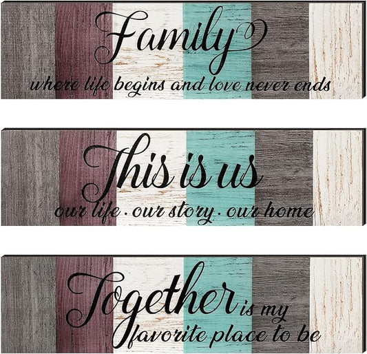 3 Pieces Family Wooden Sign This Is Us Sign Rustic Wooden Family Home Decor Together Hanging Wall Decorations for Living Room Kitchen Bedroom Laundry Bathroom Warming(Dark Brown, Red, Beige, Blue)