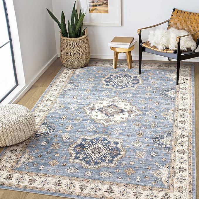 EIEIHOUSE Washable Area Rugs for Living Room - 5x7 Neutral Vintage Distressed Floral Farmhouse Boho Large Soft Floor Rug Indoor Non Slip Carpet for Living Room Bedroom Dining Room Office - Blue